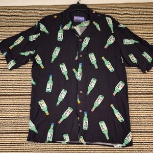 WOOJI Los Angeles Bottles Rayon Black Green Large Button Down Short Sleeve Shirt
